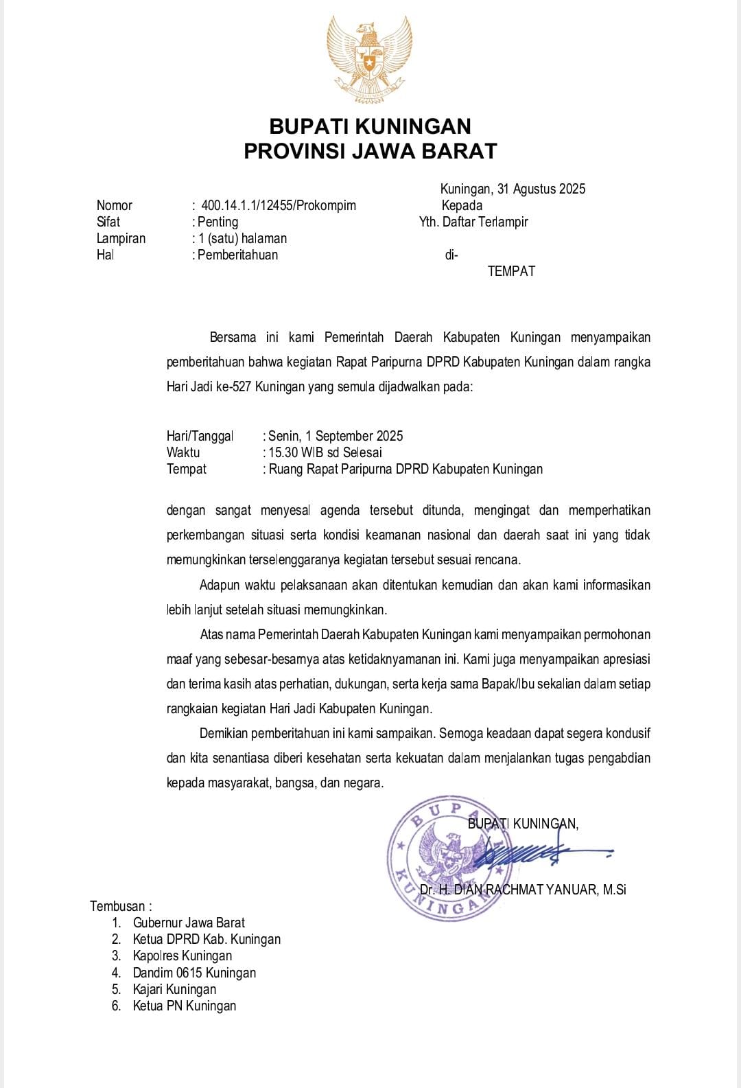 Bupati Dian: Demi Kedamaian dan Kebersamaan, Paripurna Hari Jadi Kuningan Ditunda