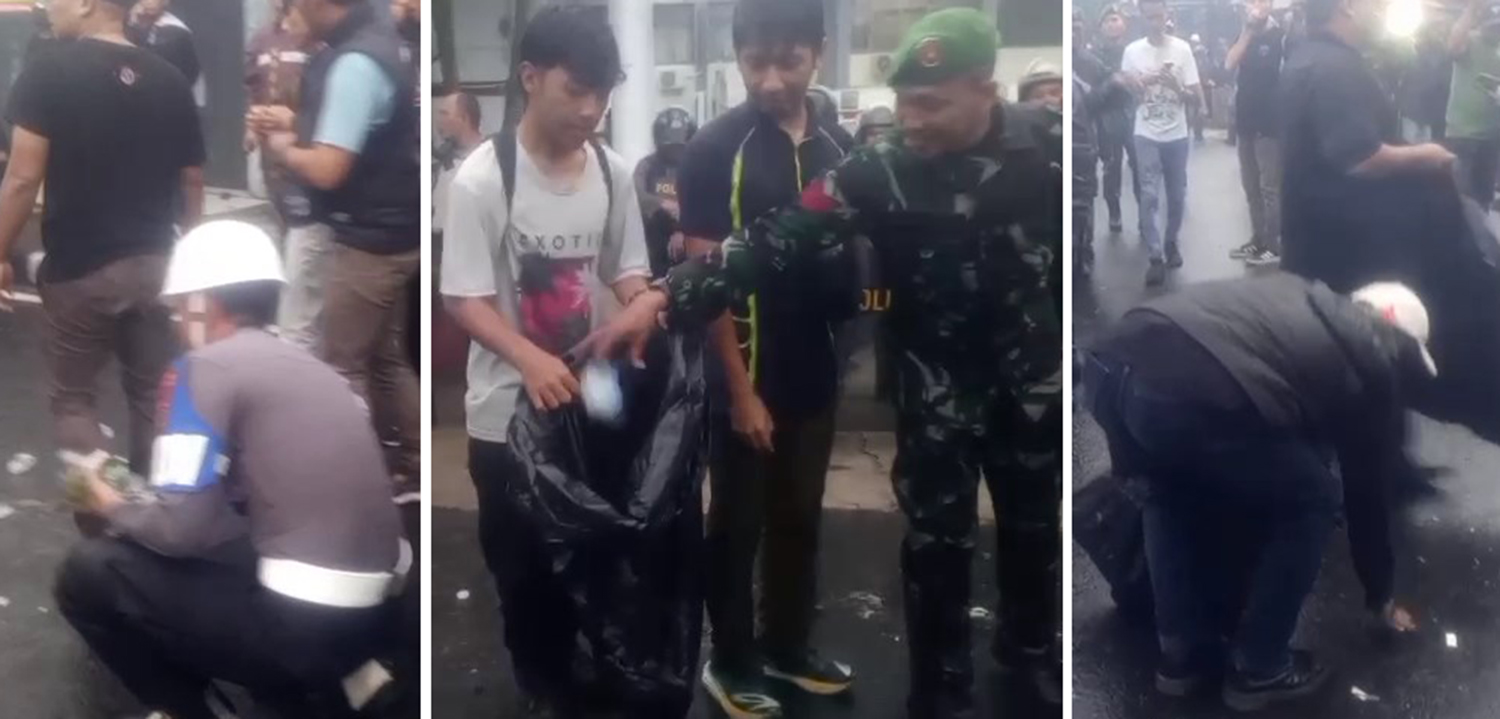 Momen Unjuk Rasa di Kuningan, Massa Aksi dan Pihak Keamanan Kompak Pungut Sampah