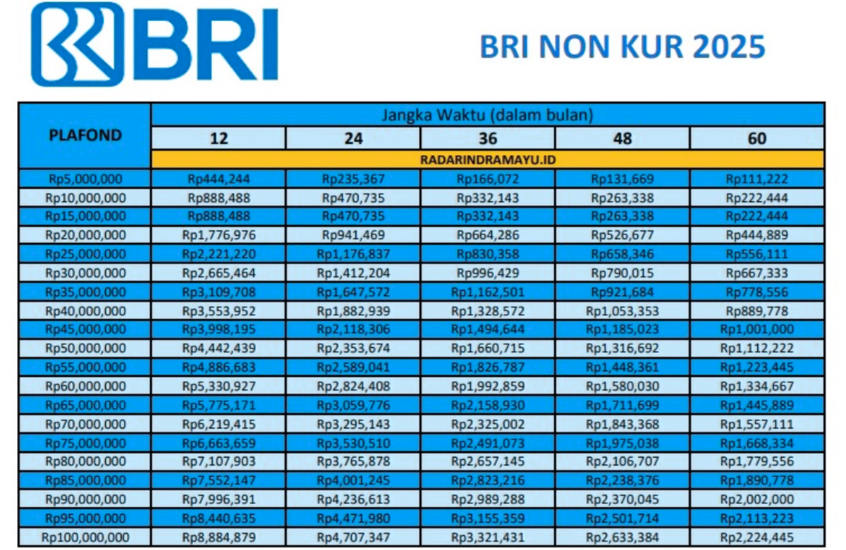 Tabel Pinjaman Non-KUR BRI 2025: Plafon Hingga Rp100 Juta, Tenor 60 Bulan, dan Cicilan Mulai Rp146 Ribu