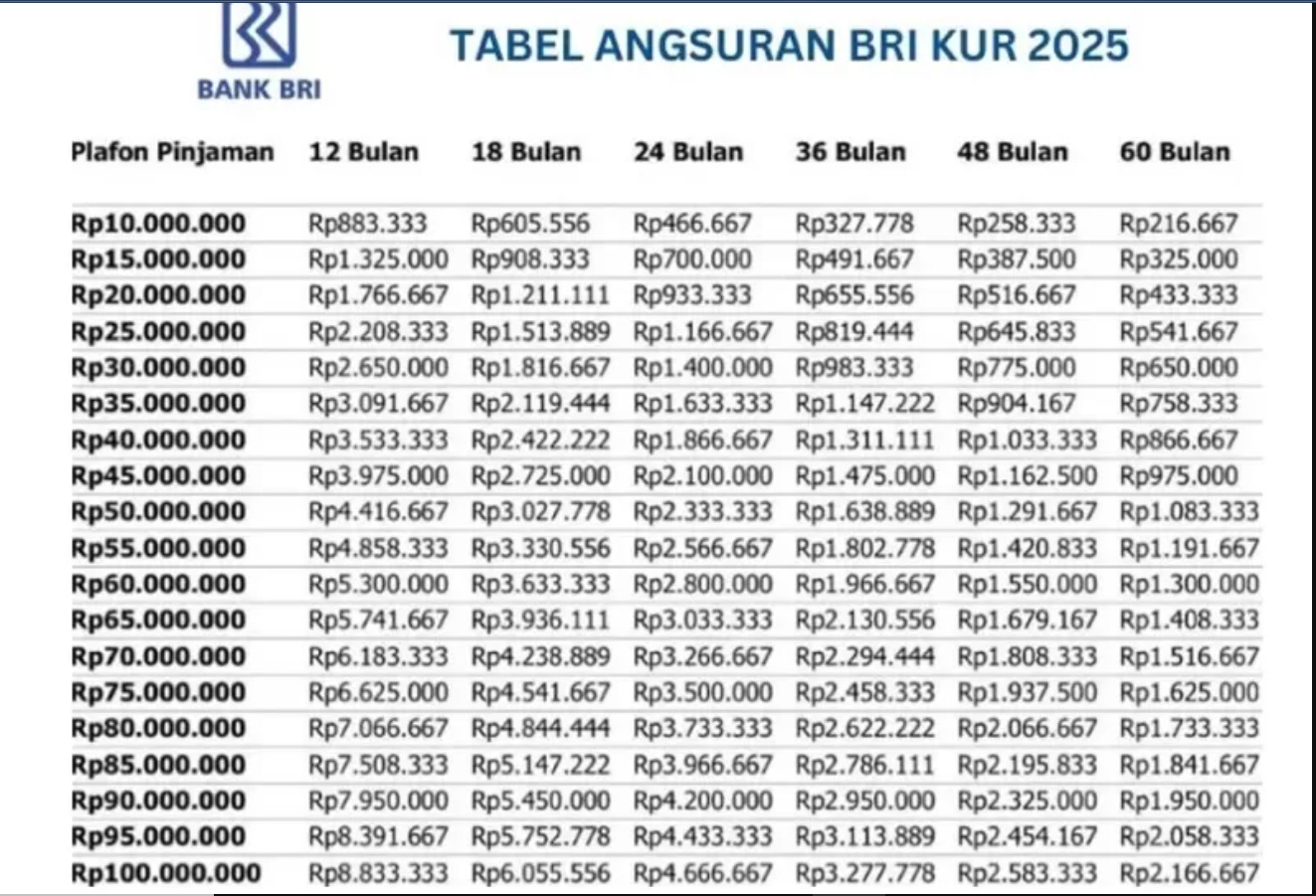 Cicilan Super Ringan KUR BRI Pinjaman 100 Juta, Cek Tabel Angsuran Khusus UMKM Terbaru 2025 dan Syaratnya