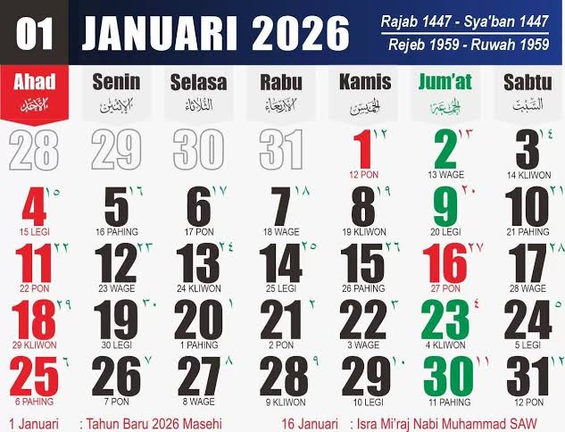 Catat, Bulan Januari 2026 Ada Dua Tanggal Merah, Satu Long Weekend 