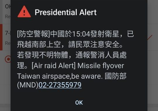 Heboh Misil Lintasi Udara Taiwan, Presiden Keluarkan Peringatan Dini, Warga Diminta Waspada