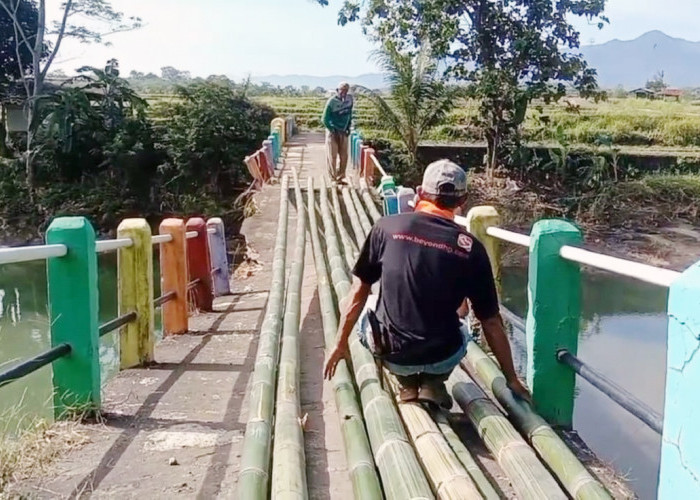 Jembatan Semar Rusak Parah, Warga Wilanagara Bikin Jembatan Darurat Melintasi Sungai Cisanggarung